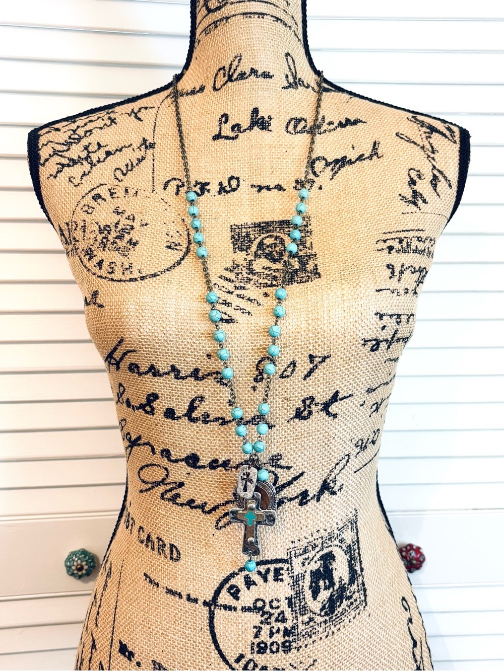 Natural Turquoise Beaded Rosary Necklace Blue and Silver Tone Long